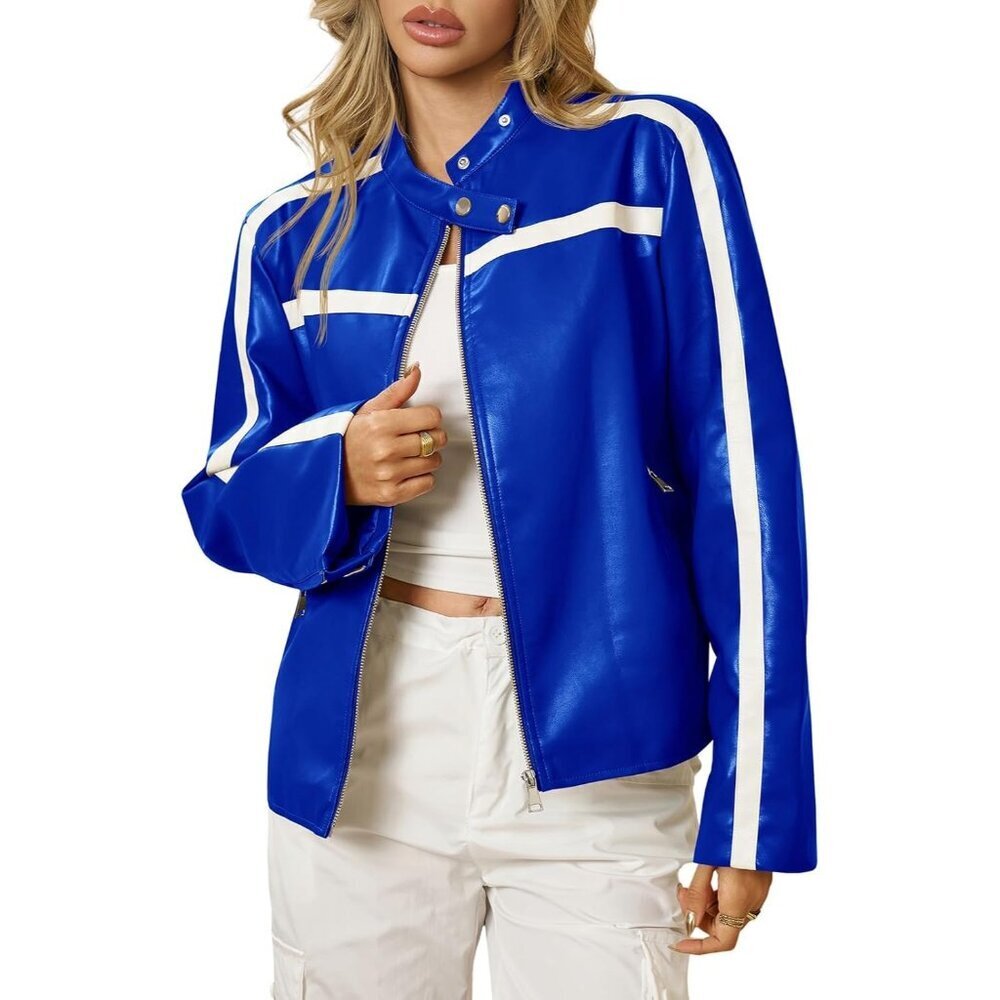Women's Blue Faux Leather Bomber Jackets Zip Up Color Block Moto Biker Jacket